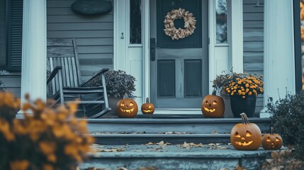 Halloween pumpkins jack o' lanterns, flowers and chairs on front porch, exterior home decor