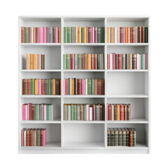 A stylish white bookshelf filled with colorful books, perfect for enhancing any reading space or home decor.