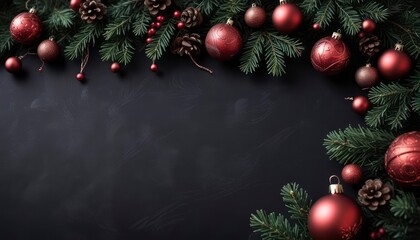 dark christmas decoration background with copy space as greetings card, ai