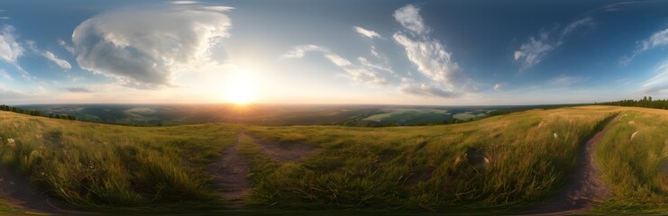 Fototapeta premium 360 degree summer sun and grass landscape. HDRI spherical panorama.
