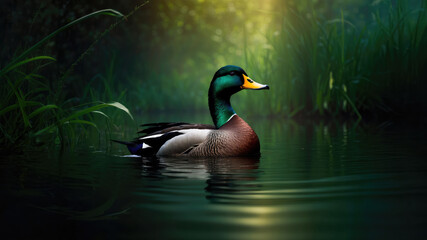 Fototapeta premium Majestic Morning: A Duck's Serene Swim in the Sunlit Pond