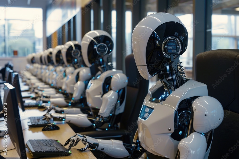 Aufkleber robots working on computers, office or factory setting