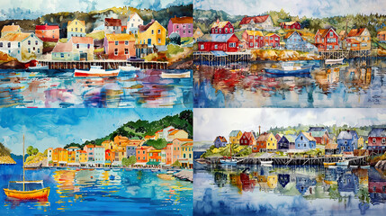 Seaside village in watercolor, granulated textures, colorful houses, and a tranquil harbor
