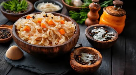 Traditional Russian food Sauerkraut. This image shows a wooden bowl filled with finely chopped and fermented white cabbage, garnished with small carrot cubes, and surrounded by peppercorns and herbs.
