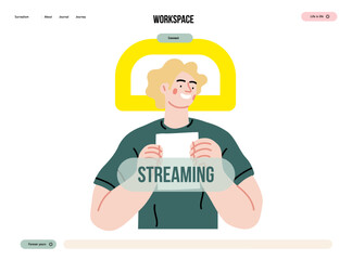 Creative Workspace: Video Conference, modern flat vector concept illustration of person engaging in virtual business meeting Connectivity, collaboration, digital interaction, remote work, productivity