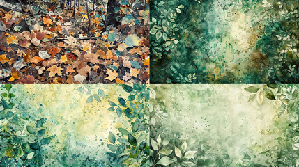Speckled texture in watercolor of forest floors with leaves, natural textures, and serene greens 