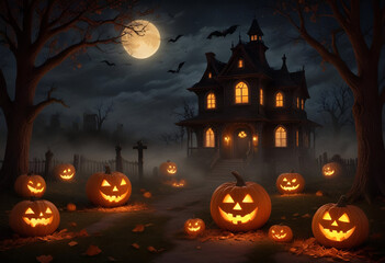 A haunted castle on a hill silhouetted against a orange full moon, with bats flying in the sky. In the foreground, there are several carved jack-o'-lanterns with glowing faces