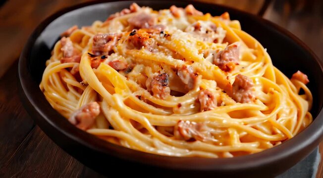 Traditional Italian food Carbonara featuring creamy spaghetti with bits of pancetta or guanciale, topped with grated cheese and black pepper.