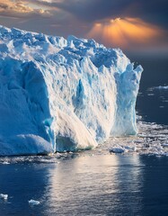 This image showcases a massive glacier of pristine ice set against a clear, bright sky. generative ai