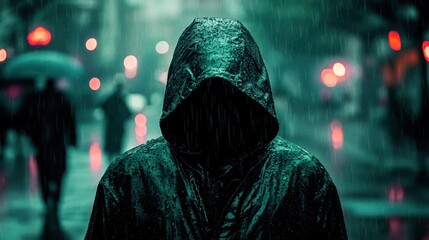A mysterious hooded figure stands in a rainy cityscape, illuminated by neon lights, evoking a sense of intrigue and suspense.
