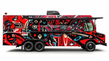 Fototapeta premium A side view of a food truck with bold graphics and an extended awning, ready for service, against a clean white background