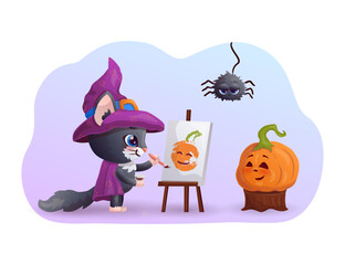 Cute cartoon black cat in witch's hat is drawing pumpkin portrait. Vector illustration.