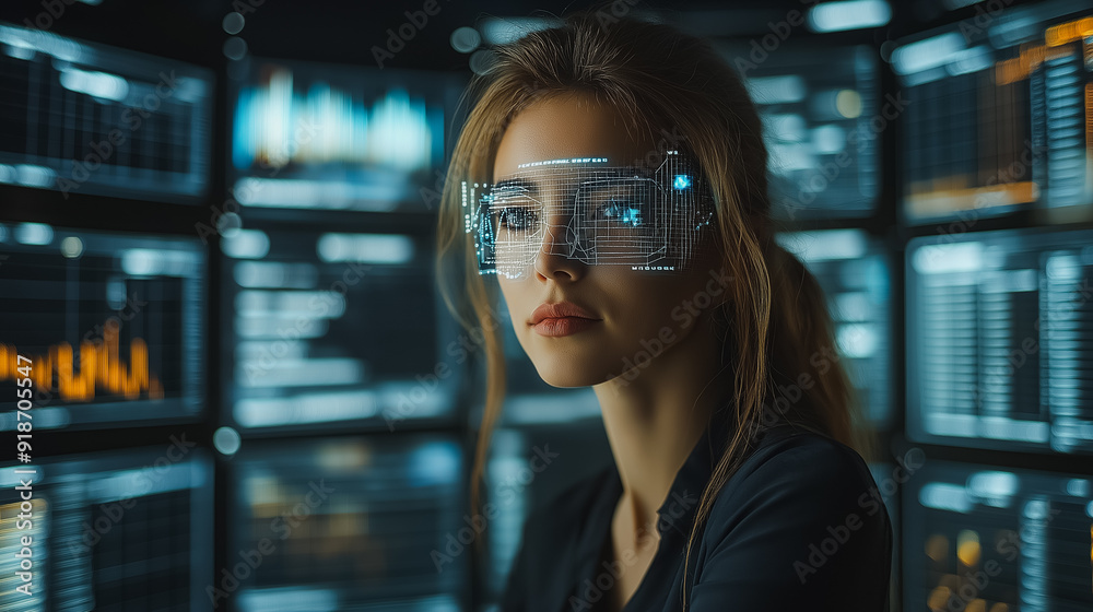 Wall mural futuristic office space with financial analysts using ai-driven tools