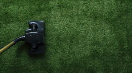 A black vacuum cleaner is shown on a green carpet, the cleaning head is down and the hose is leading up to the left side of the frame.