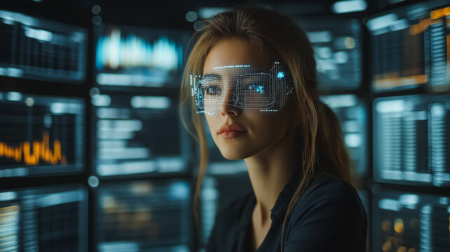 Futuristic office space with financial analysts using AI-driven tools - Powered by Adobe