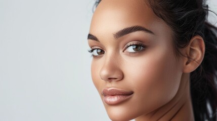 Beautiful young woman with brown eyes looking to the side with hair in a ponytail in a fashion and beauty portrait