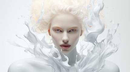 Fototapeta premium A winter beauty photo of a charming blonde angelic woman, elegantly and charmingly made up, while taking a milk bath.