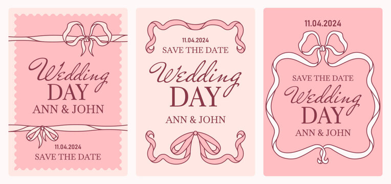 Wedding day or save-the-date cards with hand drawn bows and ribbons, Pastel pink shades, conveying elegance and romance. Coquette core vibe frames for copy space. Lovely sweet vector templates - Powered by Adobe