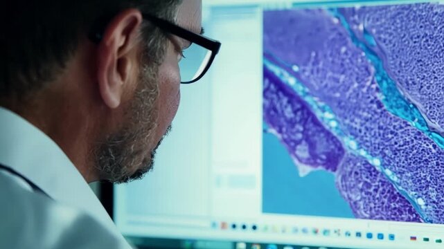 Focused eyes and a furrowed brow as the pathologist studies a crosssection of human tissue on a computer monitor.