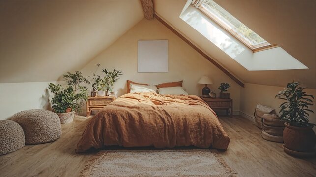a bedroom with a bed and a skylight