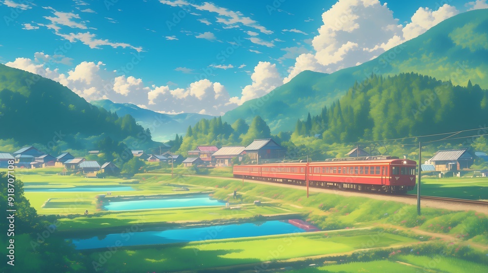 Sticker anime landscape with train and village and mountain