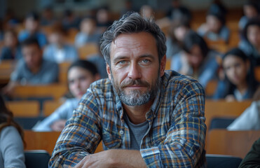 Obraz premium A man with a beard and glasses is sitting in a classroom with a group of people