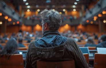 Obraz premium A man sits in a chair in a large auditorium