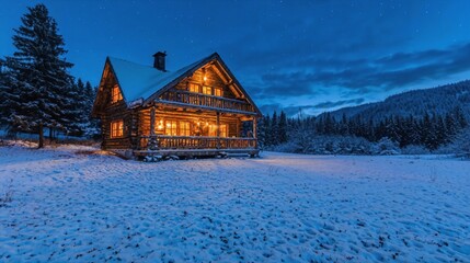 a log cabin lit up at night in the snow