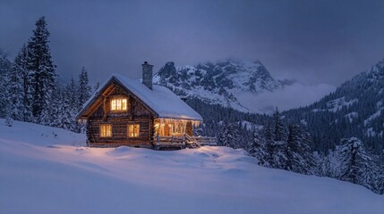 a cabin in the middle of a snowy mountain