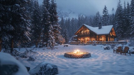 a log cabin with a fire pit in the snow
