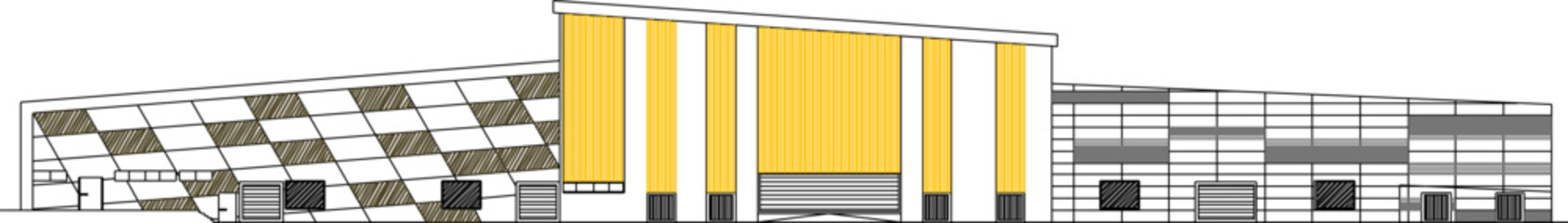 Vector sketch illustration of the silhouette of a modern supermarket building construction detail design