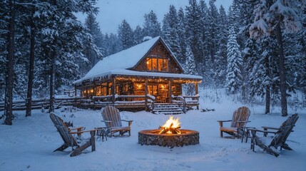 a cabin with a fire pit in the snow