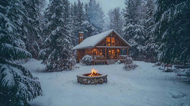 a log cabin with a fire pit in the snow