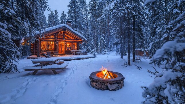 a log cabin with a fire pit in the snow