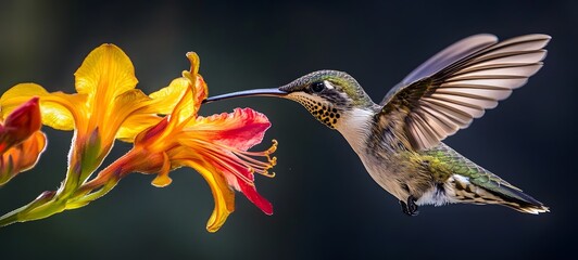 Fototapeta premium 51. A detailed close-up of a hummingbird feeding from a vibrant flower with its wings blurred in motion
