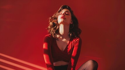 Naklejka premium A woman wearing a red top and black tights, everyday outfit