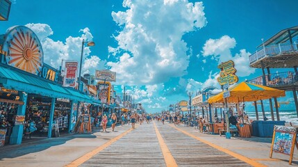 a boardwalk lined with shops and people on a sunny day