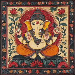 Traditional Madhubani art from India of Lord Ganesha, the elephant god, on a textured background.