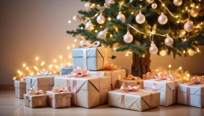 merry christmas background with a close-up of beautifully wrapped gifts under a decorated tree, soft fairy lights in the background, copy space above, ai