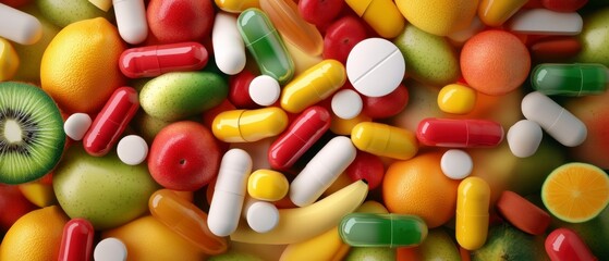 Nutrient Diversity, Assorted capsules and fruits piled together, Health and Wellness.