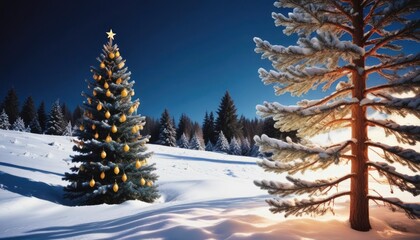 Obraz premium merry christmas background featuring a snow-covered landscape with a decorated pine tree on the left, twinkling fairy lights, and a clear blue sky, ample copy space on the right, ai