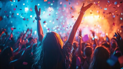 a crowd of people at a concert with confetti in the air