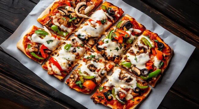 Traditional Italian food Pizza Al Taglio with mozzarella, black olives, green and red bell peppers, mushrooms, and fresh parsley on a tomato sauce base.