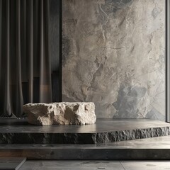 Minimalist scene with stone podium, natural materials, dark colors luxury , generative ai