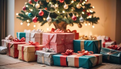 merry christmas background with a close-up of beautifully wrapped gifts under a decorated tree, soft fairy lights in the background, copy space above, high detail, vibrant color, ai