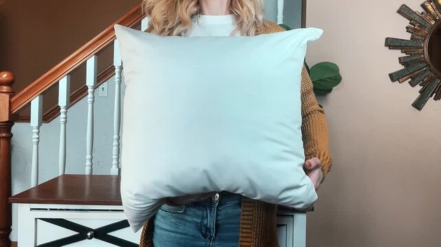 A woman is inside her home holding up a blank white square pillow to the camera for a pod mockup for a graphic design video review.
