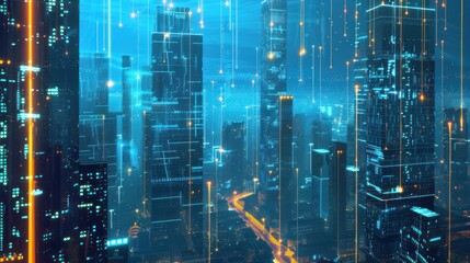 Obraz premium Cyberpunk Cityscape with Neon Lights and Digital Rain