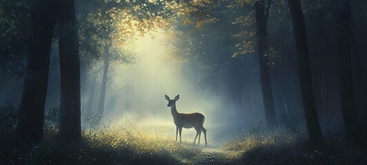 63. A serene depiction of a white-tailed deer emerging from a foggy woodland