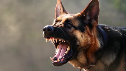 Aggressive dog get angry and bares his teeth. Dog shows dangerous teeth and ready to attack. Rabies vaccination and prevention, immunization and treatment of infection. Homeless animal - Powered by Adobe