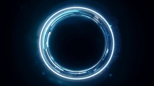 Animation of empty round hologram frame with light effect on black background. Technology glowing HUD circle. Magic fantasy portal, teleport. Futuristic interface design. Virtual reality, cyberspace
